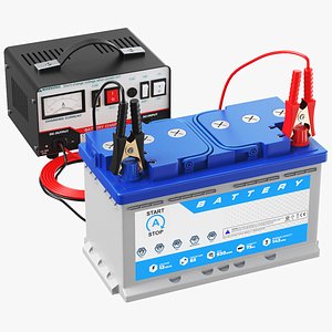 Detailed Car Battery White With Charger 3D