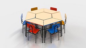 3D model colorful hexagon school table and chair for children in the classroom