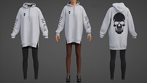 3D Gothic Oversized Sweatshirt Hoodie Fishnet Tights Grunge Outfit
