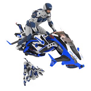 Sci Fi Police Pilot on Hoverbike with Robot Dog