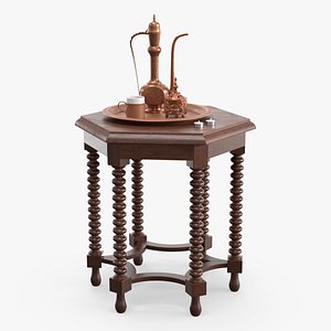 Vintage Arabic Bronze Coffee Service with Candles on Dark Wood Table 3D model