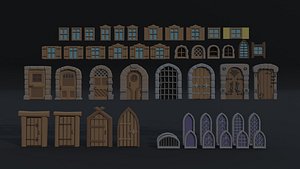 Low-poly Cartoon medieval doors and windows Polygonal Style model