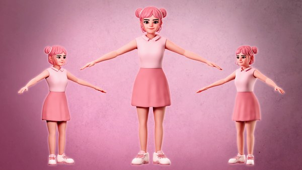 3D Cartoon Character - Cute Female Character with pink cloths 3D