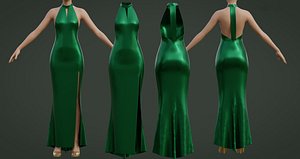 3D Green silk satin prom dress - halter neck backless gown model