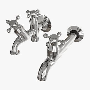 Classic Chrome Wall Faucet Collection with Single and Double Outlet Taps 3D model
