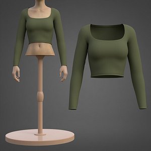 Long Sleeve Square-Neck Crop-Top - Lowpoly Shirt 3D model