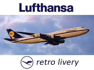 Boeing 747-8 of Lufthansa airlines in retro livery. 3D model.