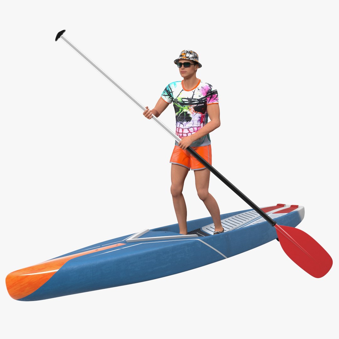 Teen Boy Swimwear on Race SUP Board 3D model preview
