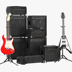 3D Detailed Guitars With Amplifiers And Speakers