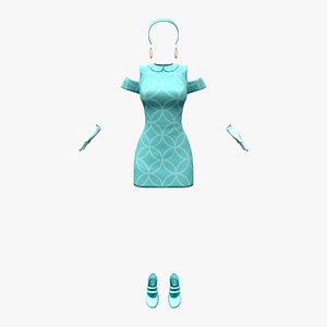 1960s Teal Green Outfit Dress Hair Band Earrings Shoes Gloves 3D model