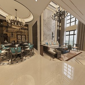 3D Chinese Living and Dining Room Interior 6