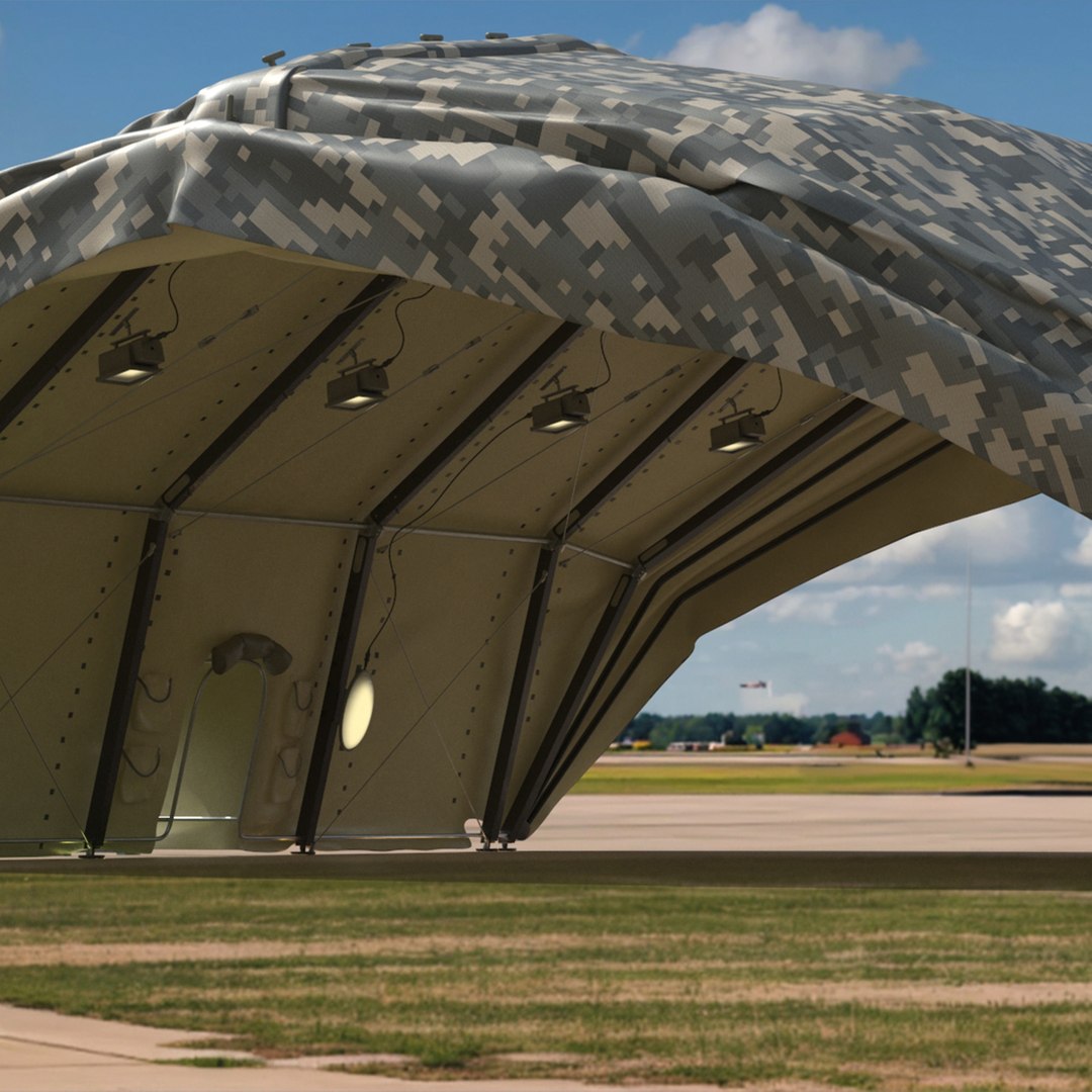 Open Modular Air Shelter with Camouflage Pattern 3D model preview