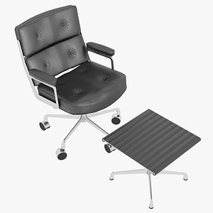 3D Eames Executive Chair Chrome Frame Black Leather and Ottoman by Herman Miller