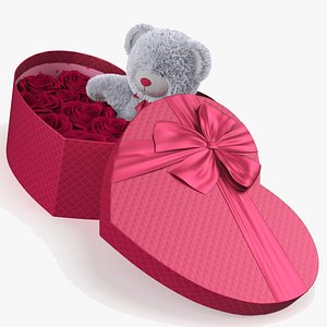 3D Giftware Heart Box with Plush Bear and Roses Fur for Maya model