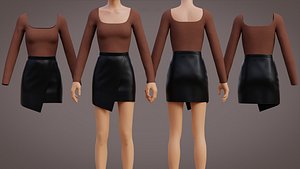 Stylish Leather Mini Skirt and Square Neck Blouse Sexy Outfit