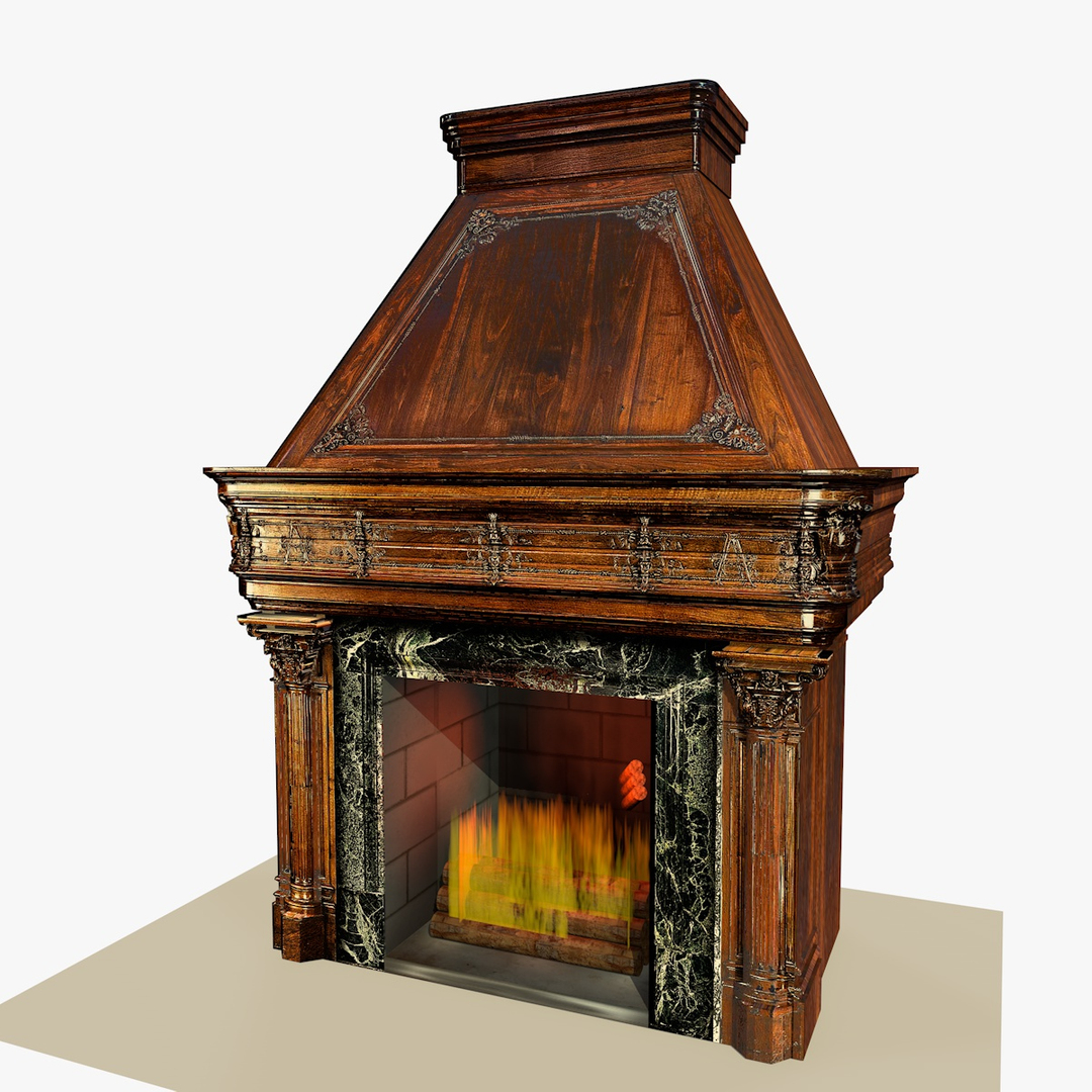 Wooden Gothic Fireplace Animation Flames C4d