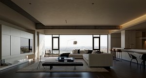 3D Modern living room dining room kitchen