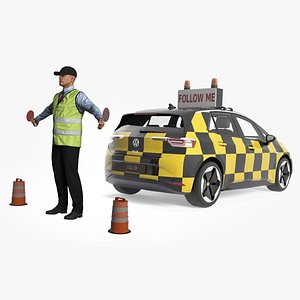 Airport Follow Me Car Volkswagen with Ground Crew Worker 3D model