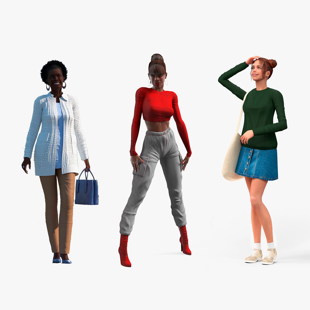 Rigged Women Street Style Collection 3D model preview