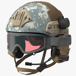 3D Tactical Gear Helmet Grey Camo with Goggles Fur for Maya