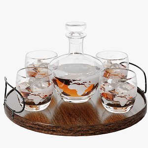 N15 Whiskey Decanter Set on Round Wooden Tray with World Map Glasses 3D