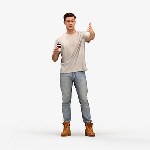 00516Gael006 - Adult Caucasian man talking while drinking coffee in casual transitional seasonal clo