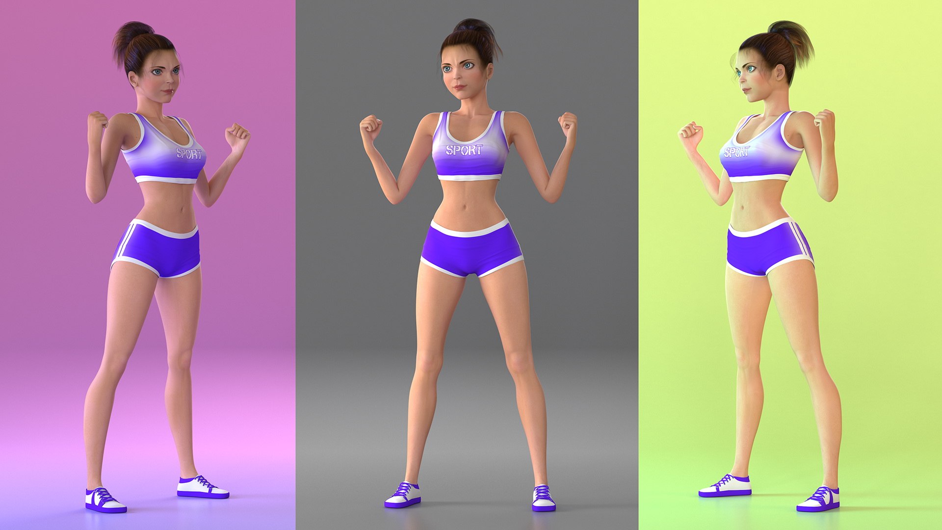 Cartoon Woman Sportive Clothes Standing Pose 3D model preview