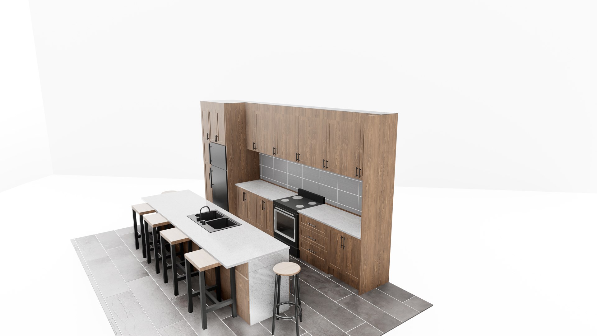 Modern Wooden Kitchen Design With Island And Bar Stools 3D Model ...