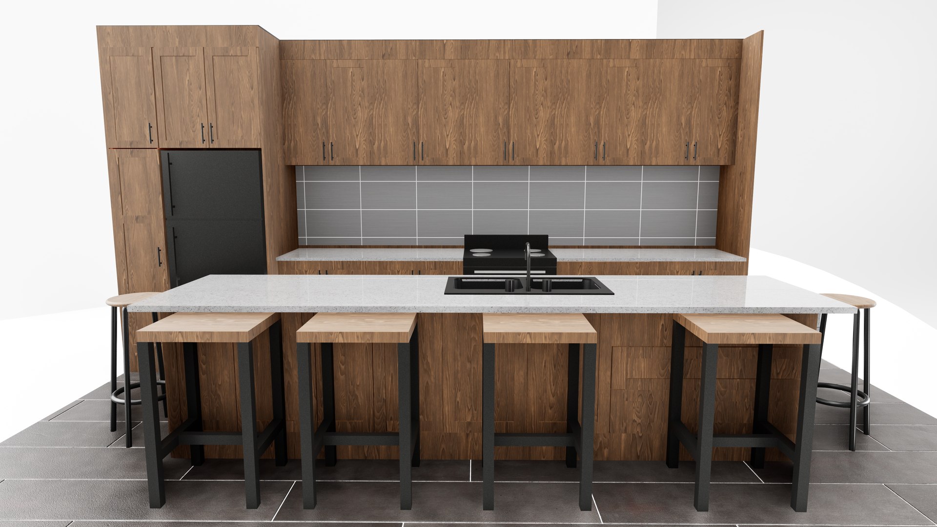 Modern Wooden Kitchen Design With Island And Bar Stools 3D Model ...