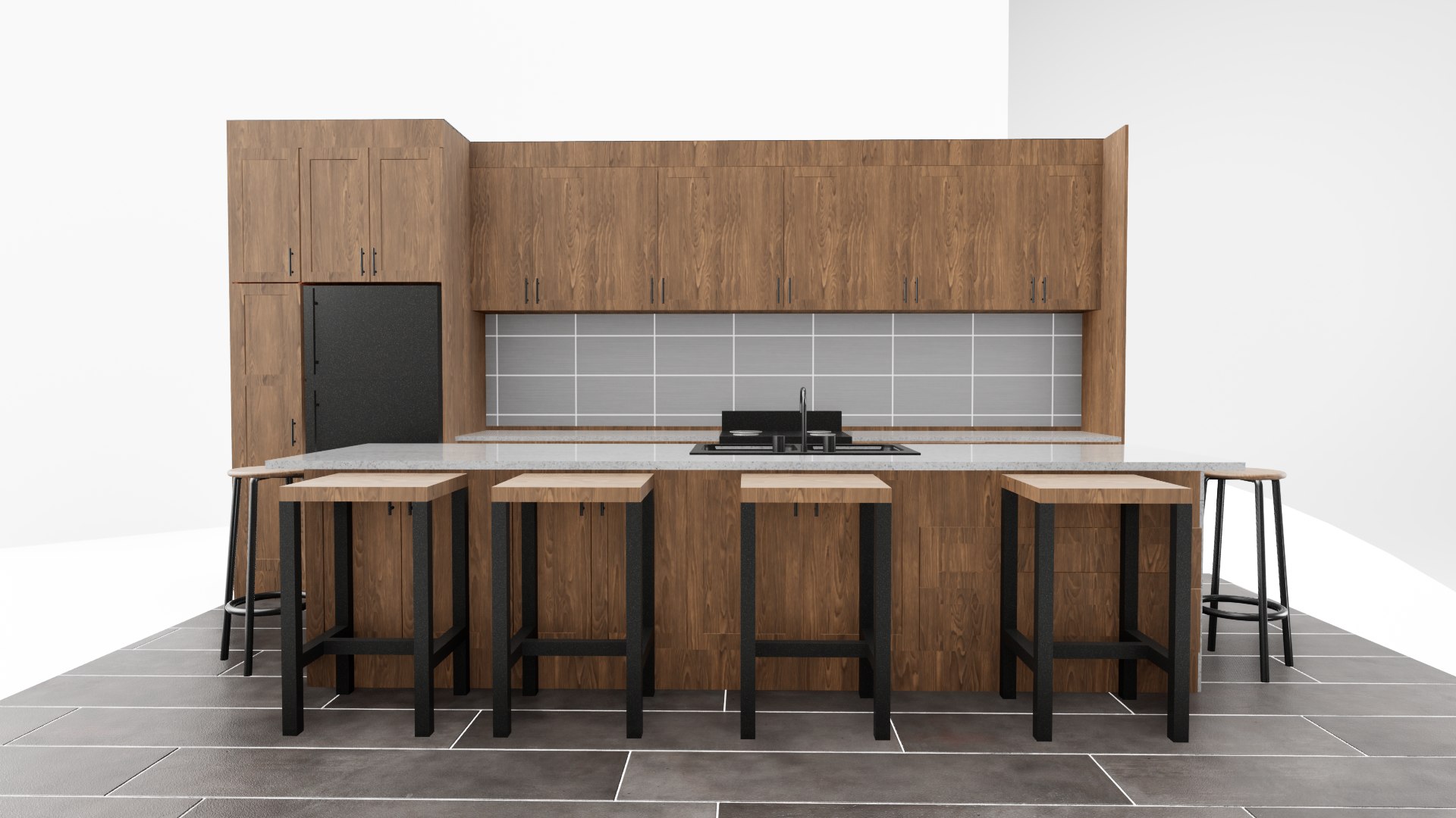 Modern Wooden Kitchen Design With Island And Bar Stools 3D Model ...