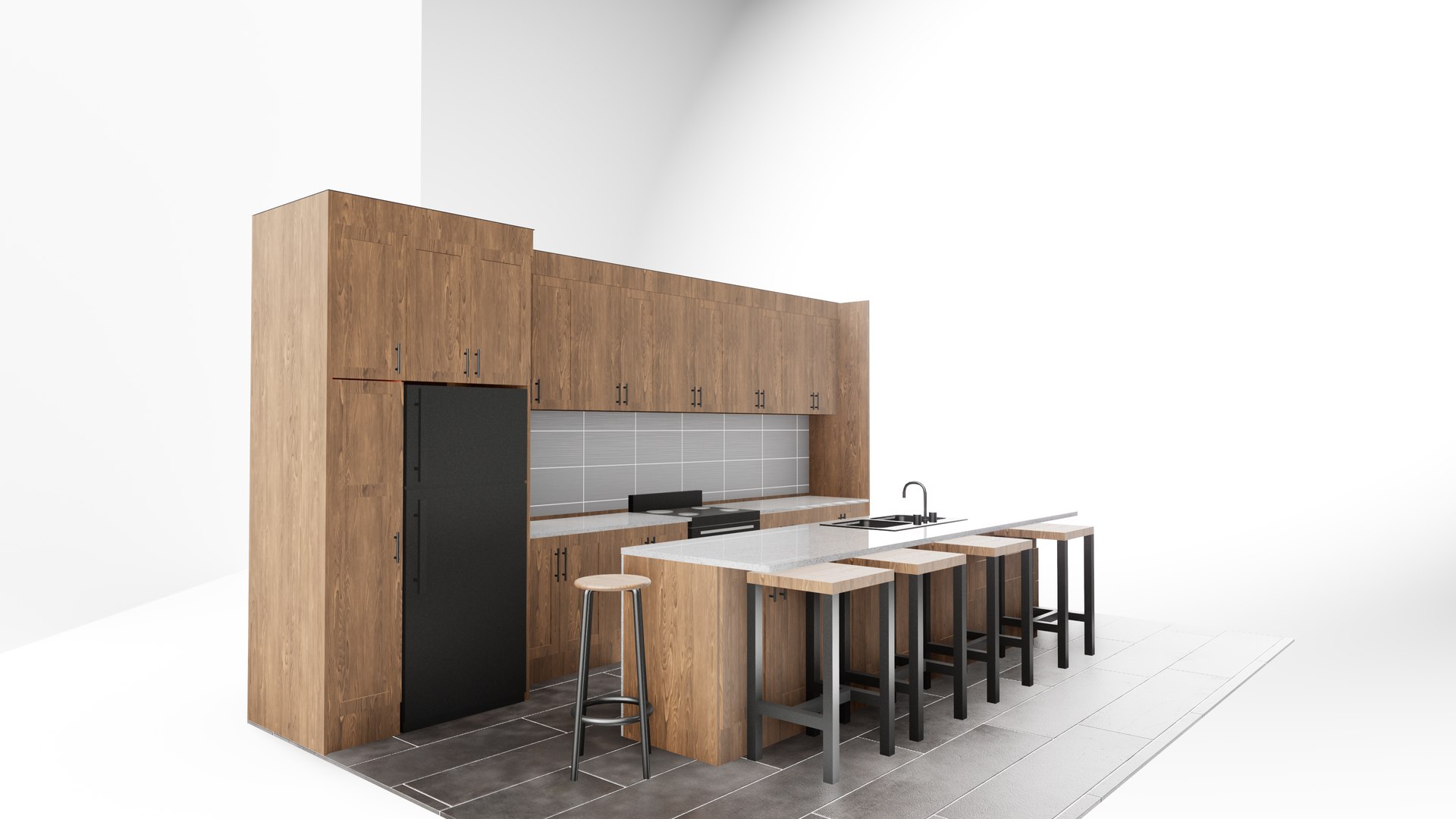 Modern Wooden Kitchen Design With Island And Bar Stools 3D Model ...