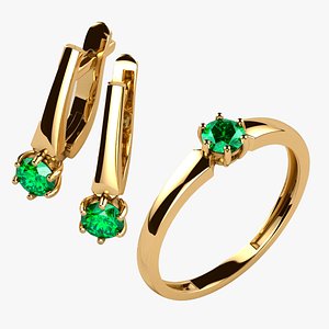 4mm Emeralds Gold Ring and Earrings Set 3D model