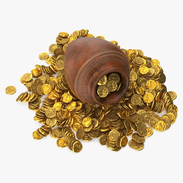 3D Gold Coins in Treasure Old Clay Pot