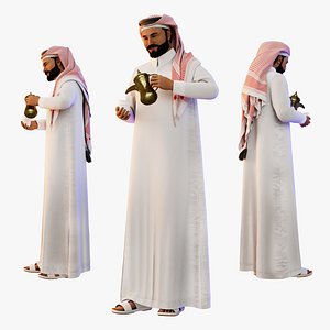 Arab Man Serving Traditional Coffee with Dallah Pot 3D Model