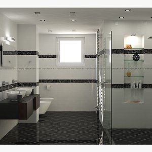 Photorealistic Bathroom In Black and White - Italian Design - Two Sinks, Toilet, Bidet, Shower Cabin