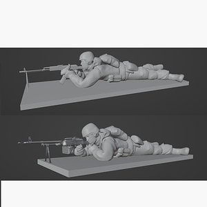 Figures of a lying down soldier with RPK and PKM 3D model