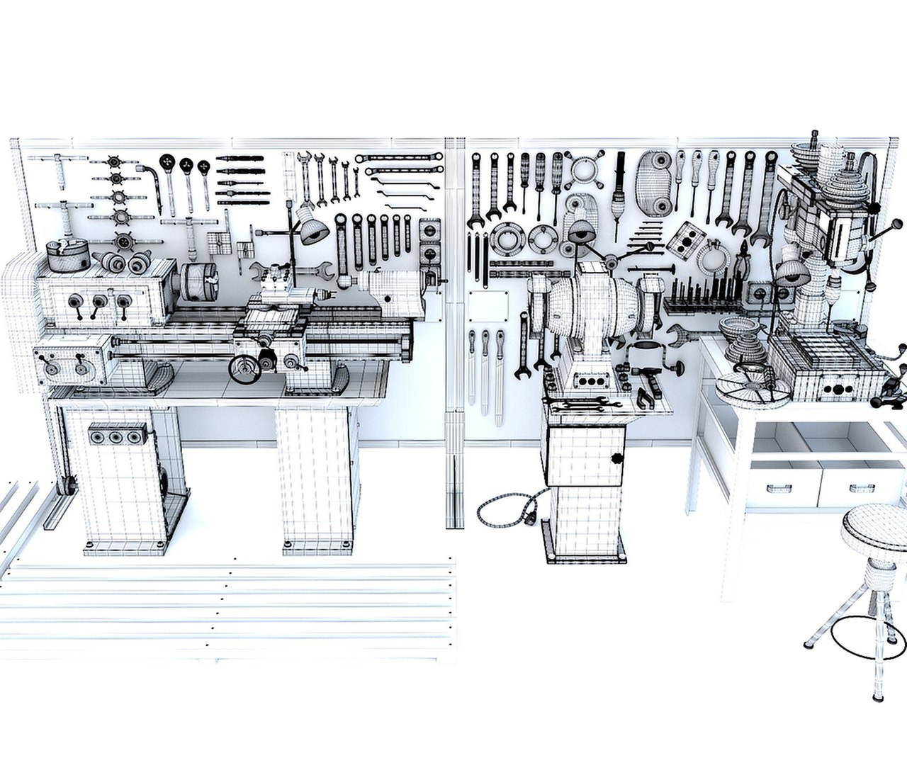 Industrial Workbench Garage Tools And Lathe Grinder Drilling Machine 3D ...