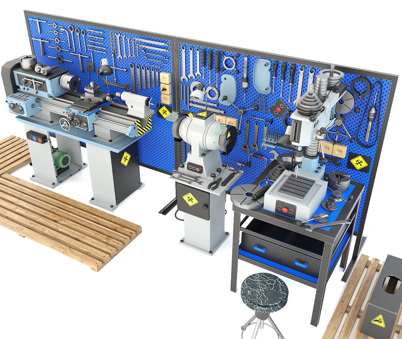 Industrial Workbench Garage Tools And Lathe Grinder Drilling Machine 3D ...