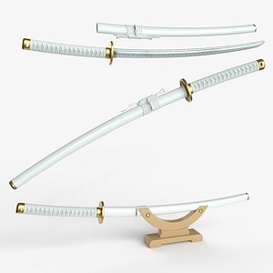 white Katana a Saya a Sageo and Stand 3D model