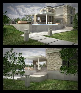 3D model house day scene tree