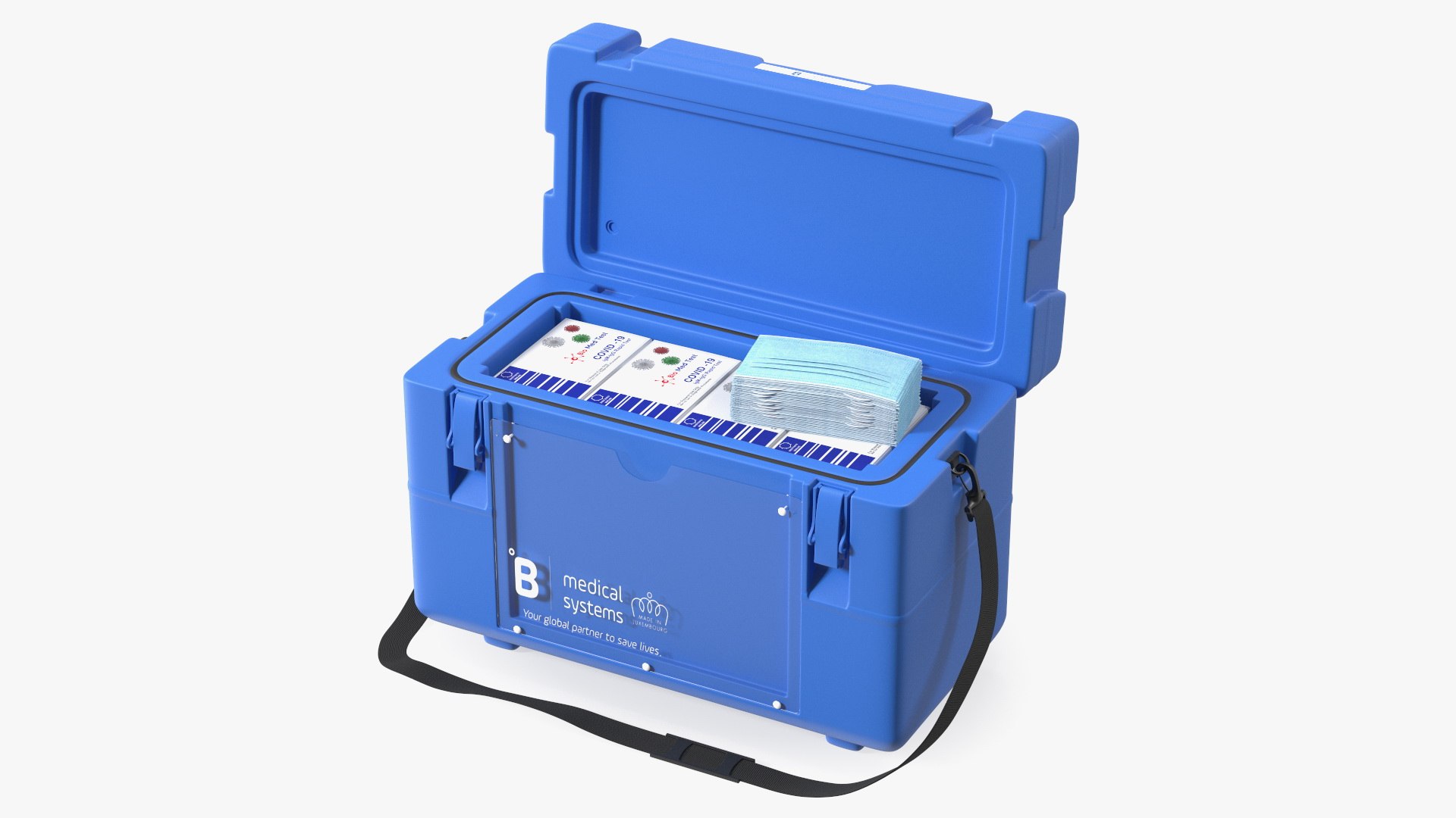 Open Transport Box With Covid Tests and Masks 3D model preview