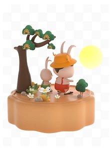 A 3D cartoon rabbit sitting on a 3D model