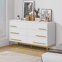 Modern White 6-Drawer Dresser Bedroom 3D Render with Gold Handles