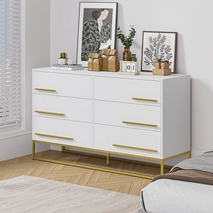 Modern White 6-Drawer Dresser Bedroom 3D Render with Gold Handles