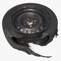 Damaged Steel Rim with Torn Tire Black Used
