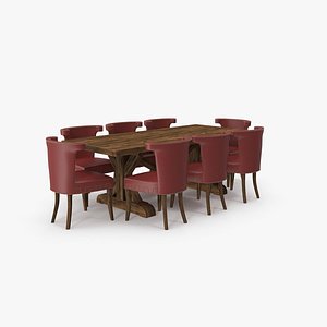Dining Table Set with Red Chairs 3D model
