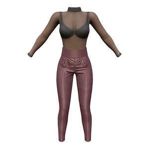 Shiny Maroon Pants and See Through Effect Top Combo 3D