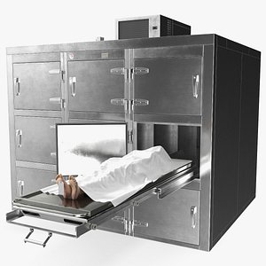Morgue Refrigerator with Covered Female Corpse