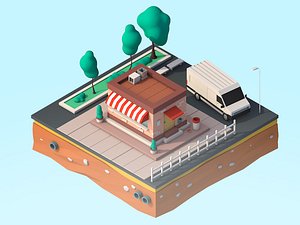 3D illustration cartoon building bus car