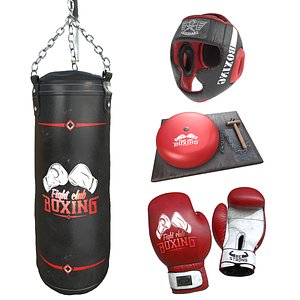 Boxing Collection 4 in 1 - Punching Bag  Boxing Gloves Boxing Headgear Ring Gong 3D model